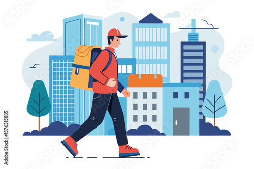 Express Delivery Service: A dynamic delivery person with a large insulated backpack strides purposefully through an urban landscape, a visual representation of efficiency and speed.