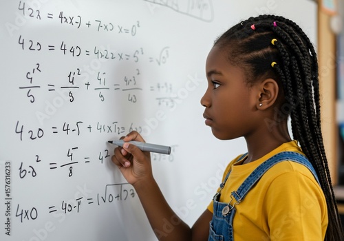 Focused Young Girl Solving Complex Math Equations on Whiteboard