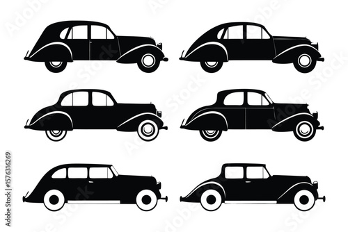 Silhouette of Classic Automobiles: A collection of sleek, black vintage cars displayed in a flat illustration. Representing timeless elegance and historical automotive design.