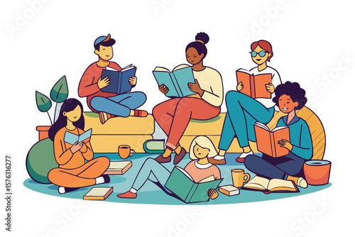 Readers Unite: A diverse group of individuals, each engrossed in a book, gathers in a communal space. This illustration beautifully conveys the power of shared experiences and the joy of reading.