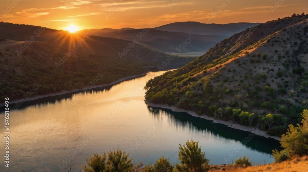 Fototapeta premium Aerial view of river winding through hills at sunset with golden light reflecting on the water surface