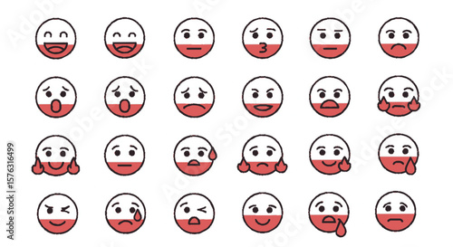 A collection of various cartoon emoji faces expressing different emotions, all in a row.