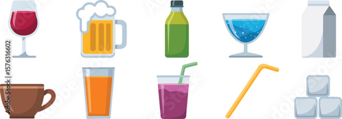 Wine beer green bottle blue drink milk carton coffee orange juice purple drink straw ice cubes glass vector png isolated on white clipping path cutout background, bundle set 2025, 2026 download