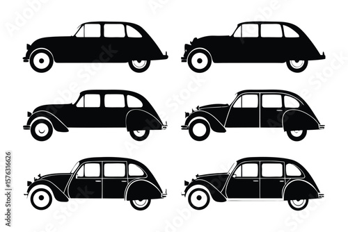 Vintage automobile silhouette: A collection of classic automobiles, meticulously rendered in stark monochrome, evoking an era of elegance and mechanical artistry.