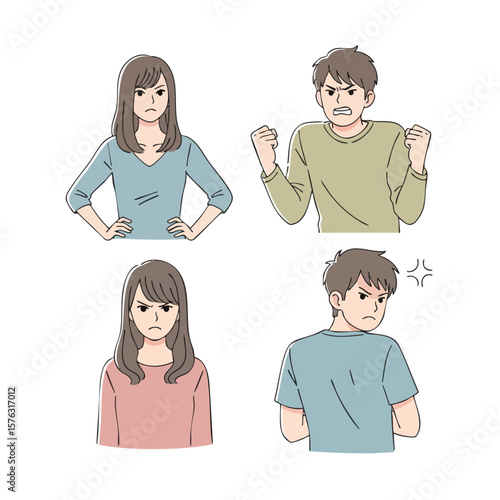 Simple Line Drawing of Annoyed People with Various Facial Expressions Set