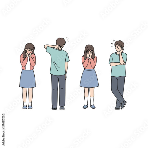 Simple Outline Shy Couple and Friend Characters Illustration Set