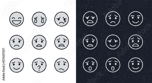A collection of diverse emoticon designs illustrating a range of human emotions, presented in both light and dark backgrounds.