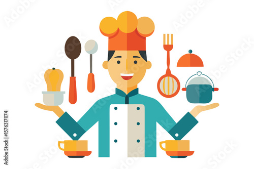 Culinary Maestro: A cheerful chef, with a beaming smile, showcases an array of essential cooking tools, embodying culinary artistry and passion.