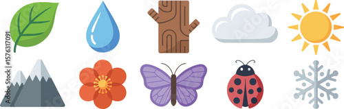 Green leaf blue water brown tree grey cloud yellow sun grey mountains orange flower purple butterfly red ladybug grey snowflake vector png isolated on white background bundle set 2025 download