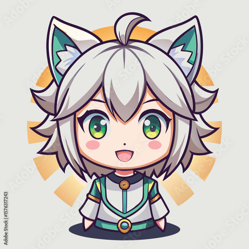 Cute anime girl with light gray hair, large green eyes, and a cheerful expression, wearing a light-colored outfit with teal accents