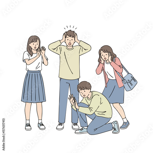 Minimalist Handdrawn Group of People Looking Shocked at Cellphone Concept Illustration