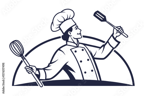 Culinary Maestro: A skilled chef, brandishing tools of the trade against a minimalist backdrop, ready to craft gourmet delights, capturing the essence of culinary mastery.