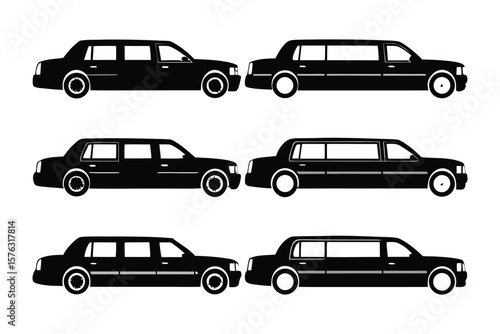 Limousine Vector Art: Collection of six Limousines Line Art with solid fills displayed in a simple graphic illustration, embodying luxury and style.