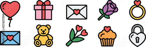 Heart balloon gift envelope rose ring teddy bear flowers cupcake lock vector png isolated on white background bundle set 2025 download