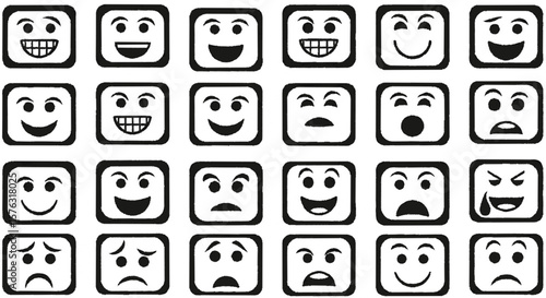 Black and white graphic emoticon faces in various expressions, arranged in a grid pattern.