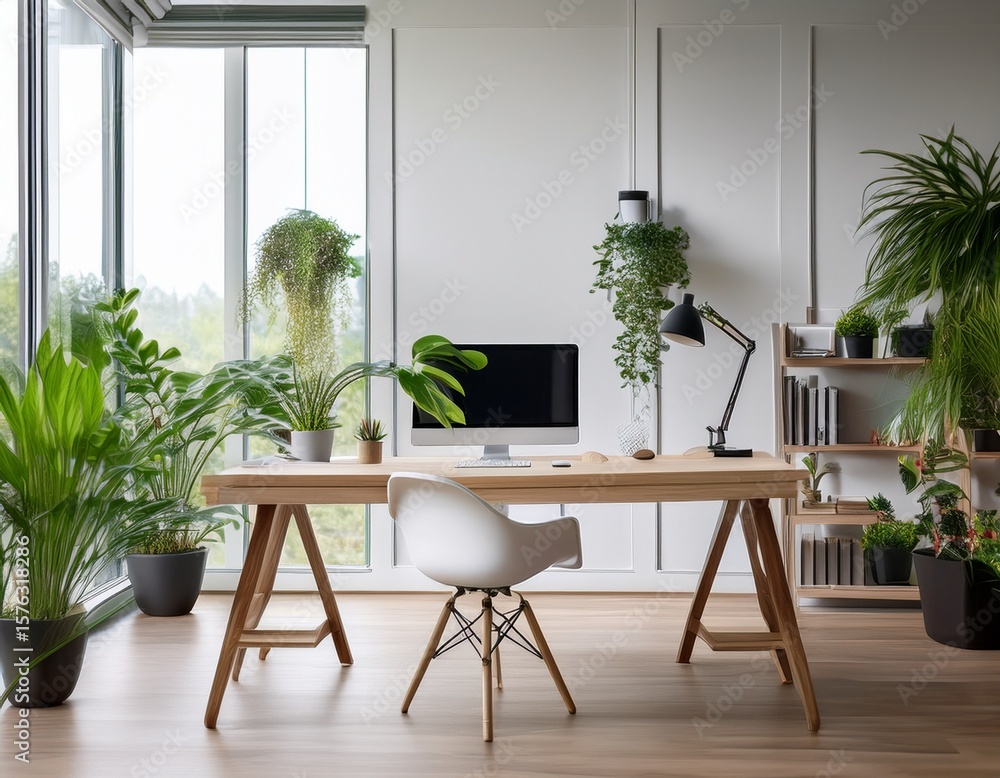 Fototapeta premium bright modern home office with large and lush green indoor plants