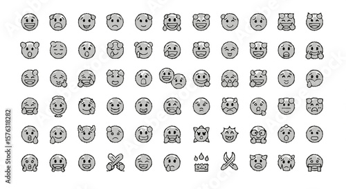 A grid of various black and white emoji faces expressing different emotions and moods.