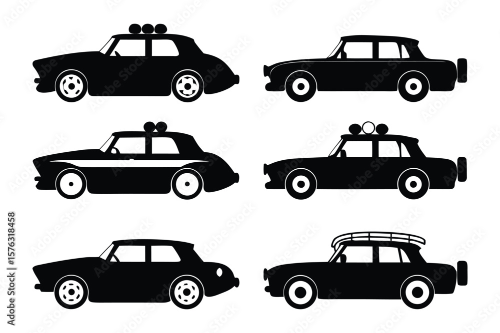 Naklejka premium Silhouette Car Collection: A stylized assortment of classic cars in sleek black silhouettes, each showcasing unique design elements, perfect for illustrating transportation and automotive concepts.
