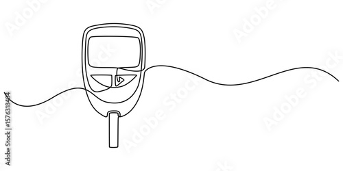 Glucometer one line drawing. Single continuous diabetes check, One continuous line drawing of Blood glucose meter test illustration. glucometer pharmacy equipment outline, diabetes meter, Minimalist.
