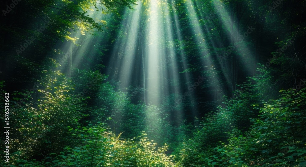 Obraz premium Sunlight filtering through a lush green forest canopy