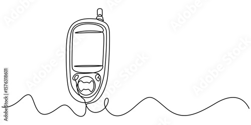 Glucometer one line drawing. Single continuous diabetes check, One continuous line drawing of Blood glucose meter test illustration. glucometer pharmacy equipment outline, diabetes meter, Minimalist.