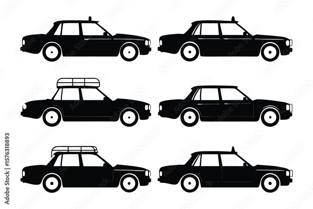 Fototapeta premium Silhouette Car Variations: A striking collection of black silhouette cars, showcasing diverse designs. Perfect for design and transport themes.