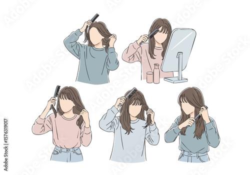 Minimalist Outline Faceless Woman Cutting Hair with Scissors Illustration Set