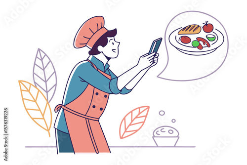 Chef Photographing Dish: A chef in a toque and apron happily photographs a delicious-looking meal on his smartphone, ready to share the culinary creation online.