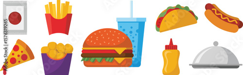 Delicious fast food items including a burger fries taco hot dog pizza and drink vector vector png isolated on white clipping path cutout background, bundle set 2025, 2026 download