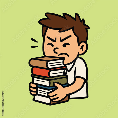 Stressed student boy carrying a heavy stack of books.