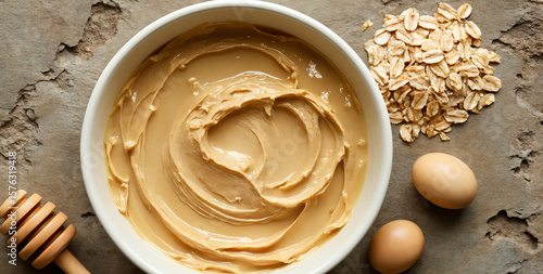 Creamy Peanut Butter Swirled in Bowl with Oats, Eggs, and Honey on Rustic Table