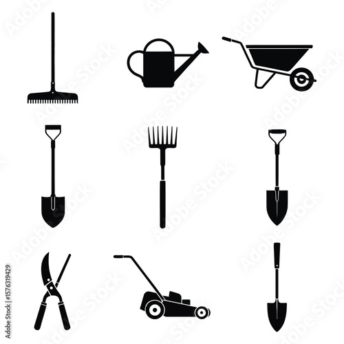 Black Garden Tools Silhouettes on White Background
