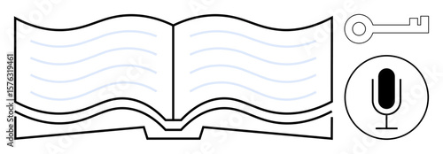 Open book with blue text lines, a microphone for audio learning, and a key symbolizing access to knowledge. Ideal for education, e-learning, audiobooks, research, innovation, accessibility simple