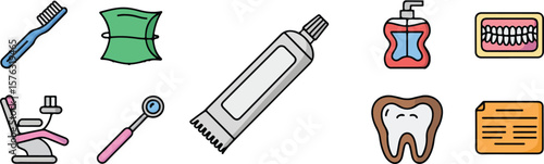 Dental care items including toothbrush toothpaste dental chair mirror tooth and document vector vector png isolated on white clipping path cutout background, bundle set 2025, 2026 download