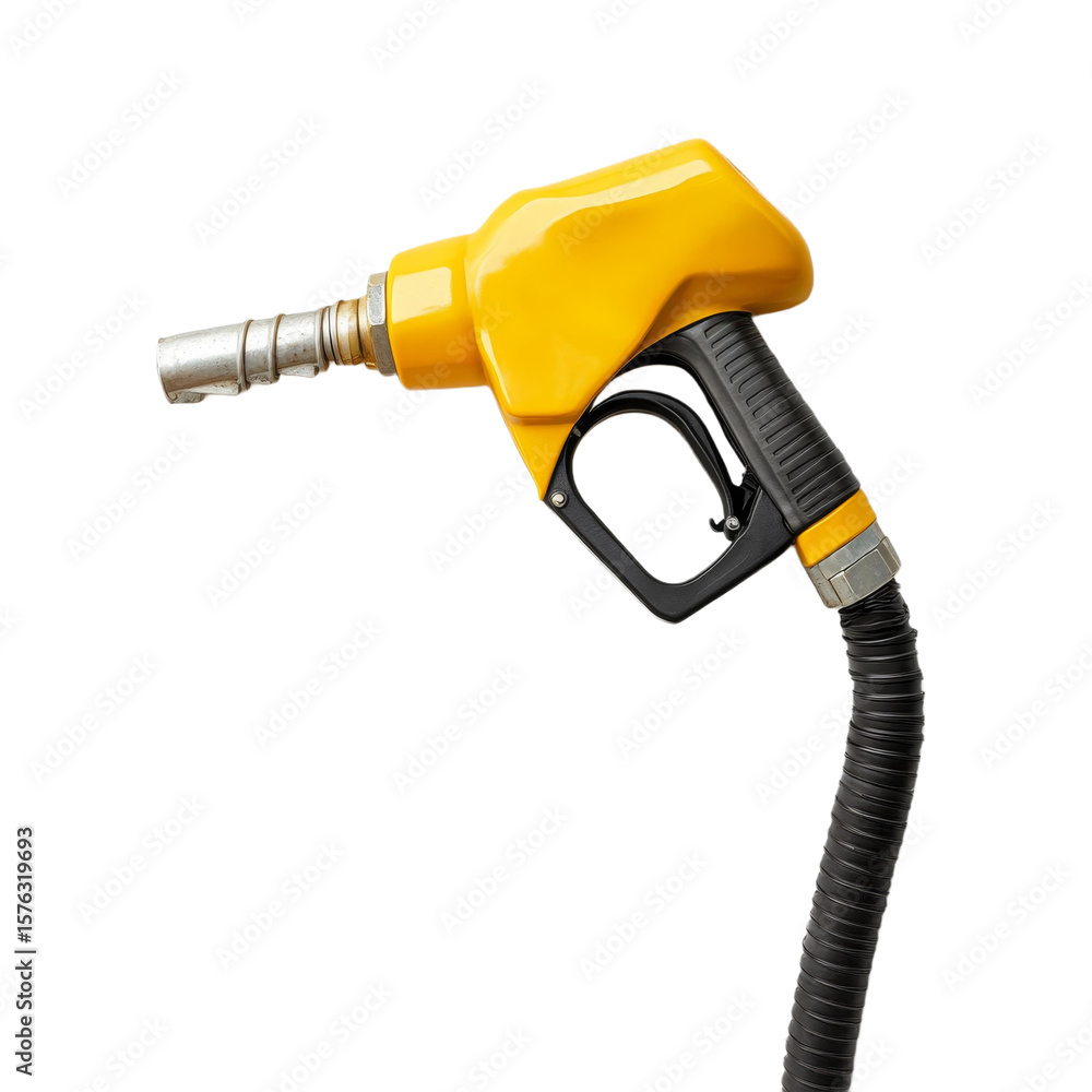 A yellow fuel pump nozzle with a black handle and flexible hose designed for dispensing gasoline or diesel into vehicles, isolated on white background, transparent background. A yellow fuel pump nozzle with a black handle and flexible hose designed for dispensing gasoline or diesel into vehicles, isolated on white background, transparent background.