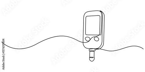 Glucometer one line drawing. Single continuous diabetes check, One continuous line drawing of Blood glucose meter test illustration. glucometer pharmacy equipment outline, diabetes meter, Minimalist.
