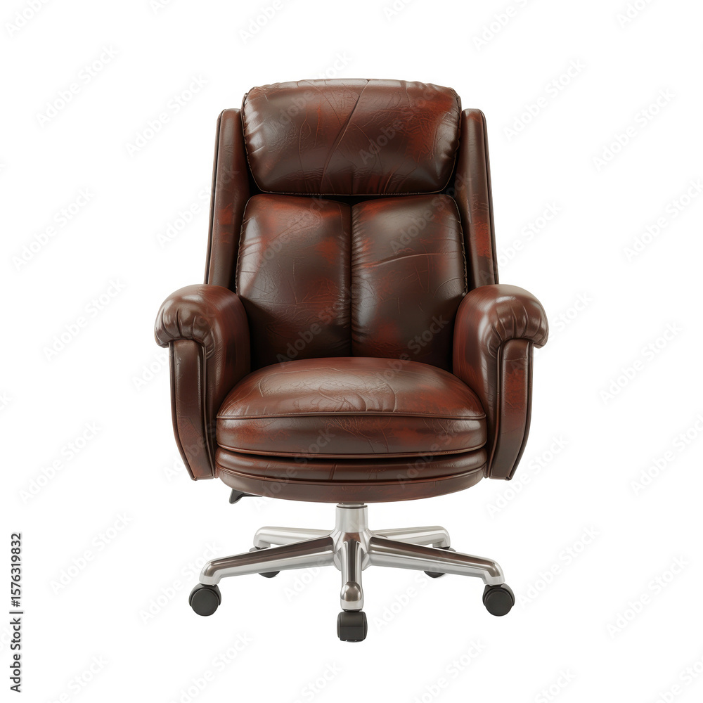 Luxurious brown leather executive office chair with padded arms and chrome base isolated on transparent background Luxurious brown leather executive office chair with padded arms and chrome base isolated on transparent background