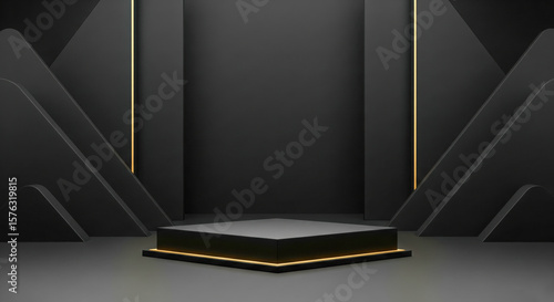 Minimalist Black Geometric Stage With Gold Accents