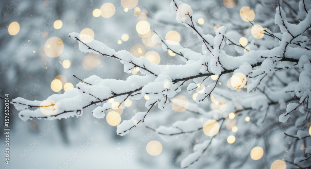 Fototapeta premium Snow Covered Branch with Winter Lights Decoration