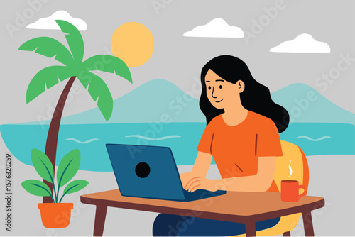 Flat Illustration of a Woman Working Remotely by the Beach

