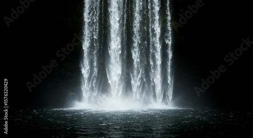 Waterfall Flowing Into Pool of Water in Dark Environment