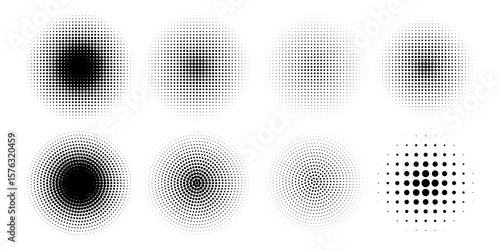 Half tone circle. Round dotted frame, circles pattern border and abstract halftone graphic design vector set
