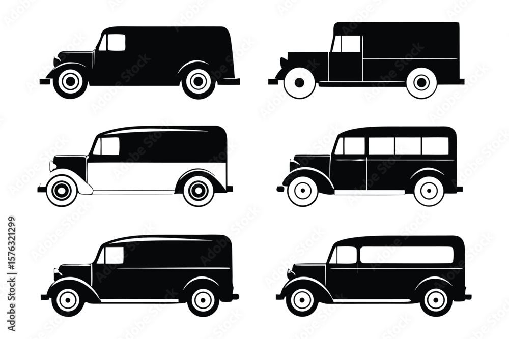 Fototapeta premium Vintage Delivery Vehicles: A collection of classic delivery vehicles, rendered in monochrome silhouette, standing as nostalgic icons of bygone eras, evoking the charm of a simpler time.