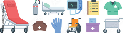 Medical equipment including stretcher oxygen tank hospital bed monitor clipboard scrubs glove wheelchair first aid kit and cart vector png isolated on white clipping path cutout background, bundle set