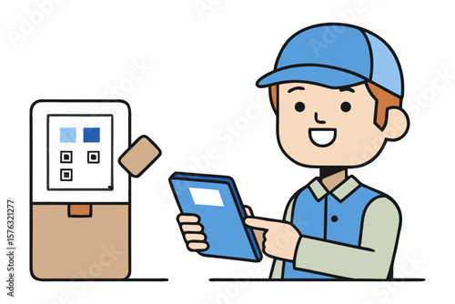 Delivery worker with QR code: A delivery worker interacts with a modern, self-service kiosk, holding a tablet and managing the process of order.