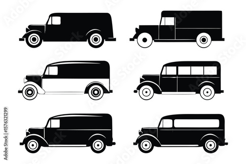 Vintage Delivery Vehicles: A collection of classic delivery vehicles, rendered in monochrome silhouette, standing as nostalgic icons of bygone eras, evoking the charm of a simpler time.