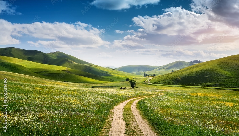 Obraz premium spring meadow road leading to green flowering hills rustic andscape with beautiful green grassland nature landscape for concept and design