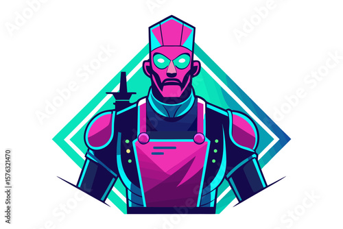 Futuristic Android Chef: A sleek, stylized android chef stands ready, embodying culinary innovation with its vibrant purple and cyan color scheme and sharp geometric design.
