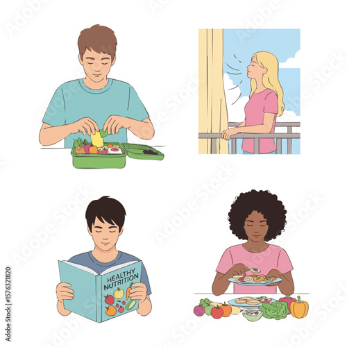 Simple Line Diverse People Activity Illustration Set in Square Layout