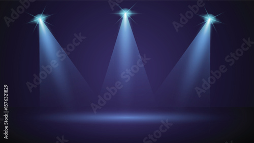 Elegant dark stage with three focused blue spotlights casting bright beams perfect for events, shows, product display and modern creative digital projects.